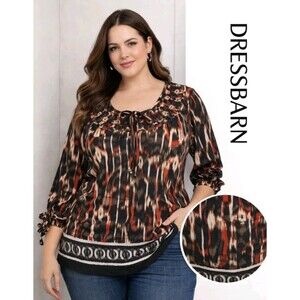 DRESSBARN Womens 1X Watercolor Tribal Boarder Spandex Polyester Brown Orange Top